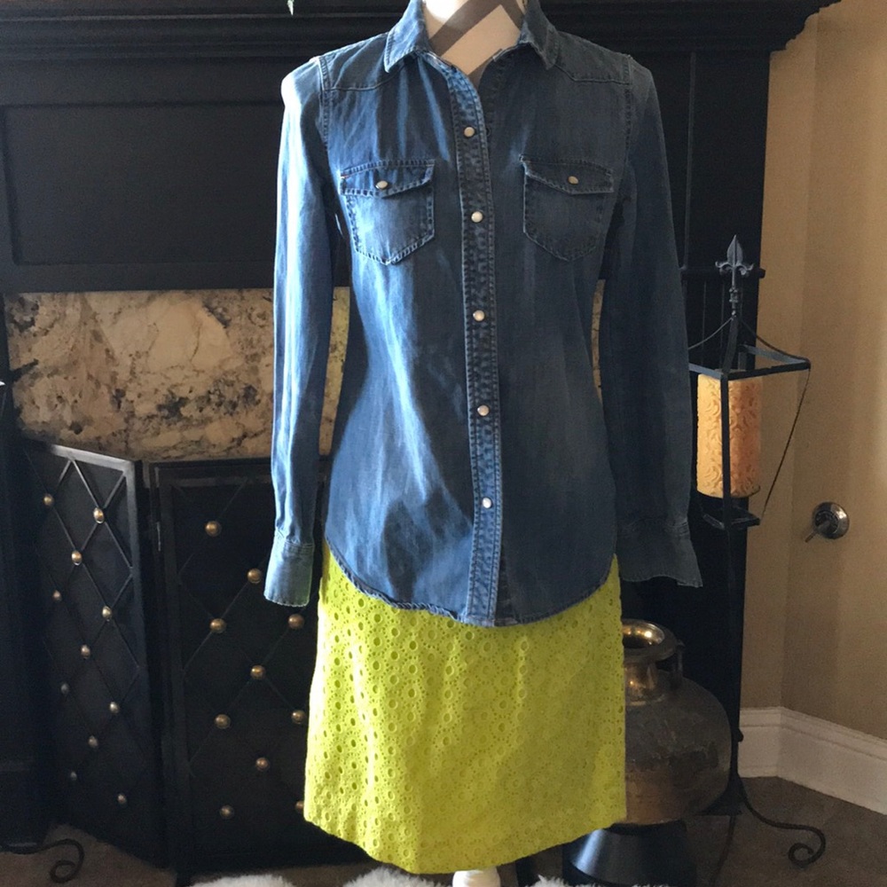 J Crew pearl snapped denim/chambray shirt